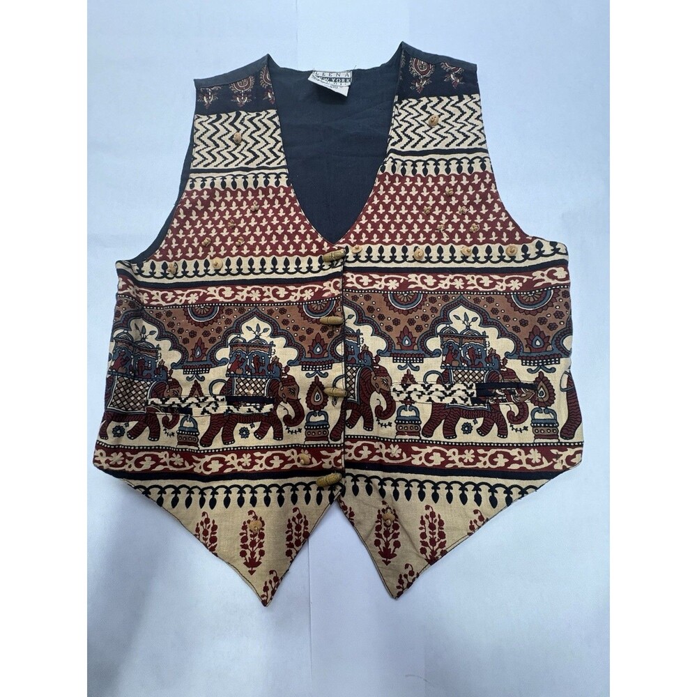 Vintage 90s Leena New York Vest Womens S Elephant Boho Cotton India